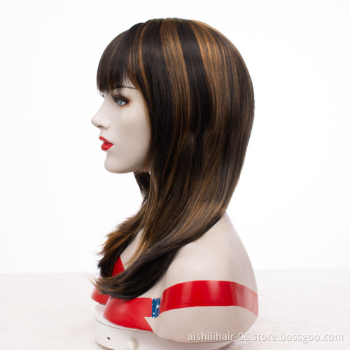 Wholesale heat resistant long natural  straight hair mix brown with golden wig with natural bangs synthetic hair wigs for women